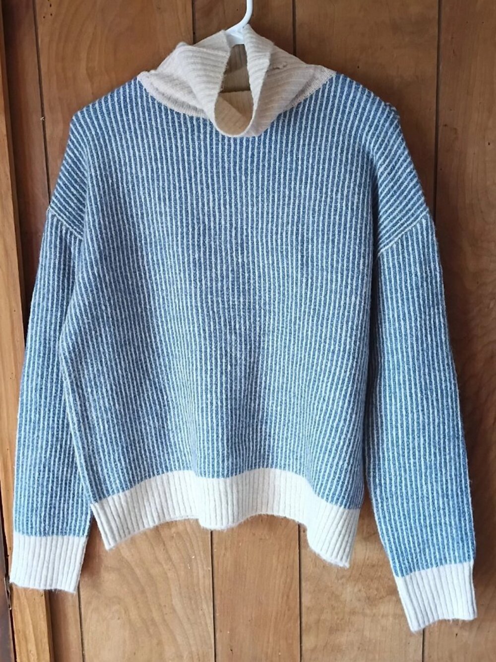Staccato Knit Sweater Size S Blue & Cream Colorblock Funnel Neck